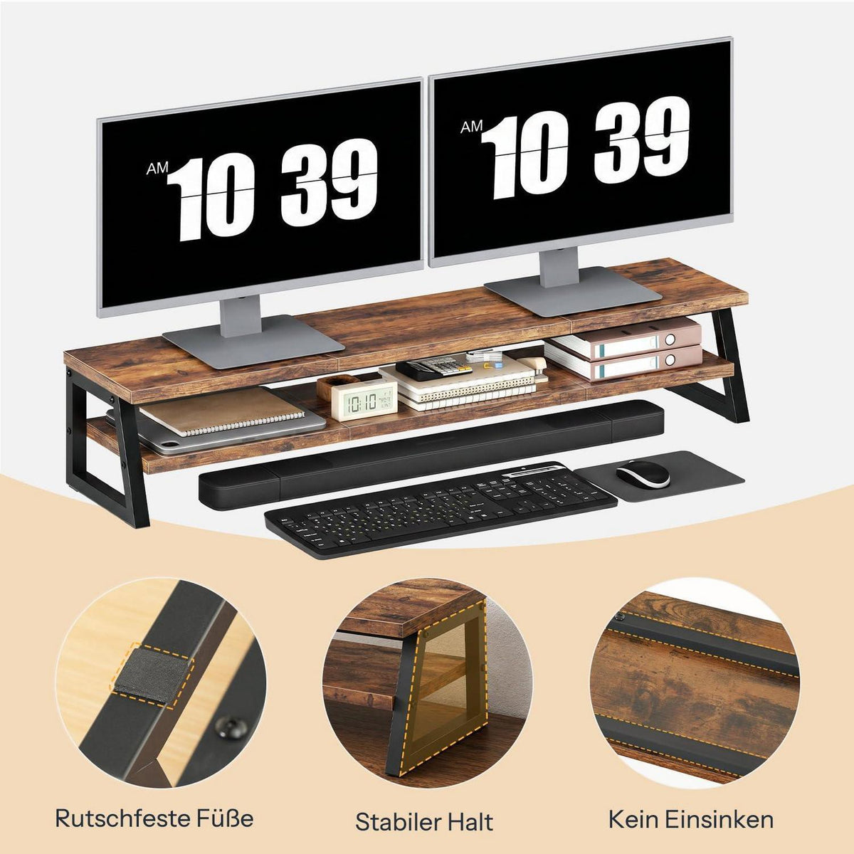 Monitorständer für 2 Monitore, 100cm, Vintagebraun/Schwarz