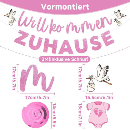 Willkommen Zuhause Baby Mädchen Deko Set Rosa Girlande & Spiralen