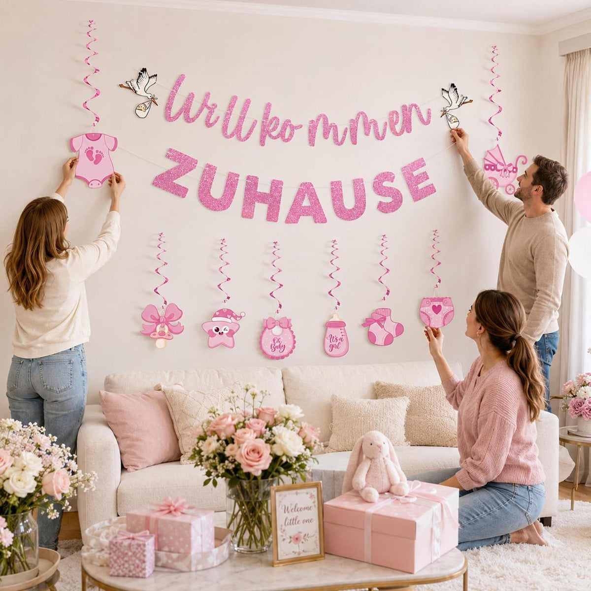 Willkommen Zuhause Baby Mädchen Deko Set Rosa Girlande & Spiralen