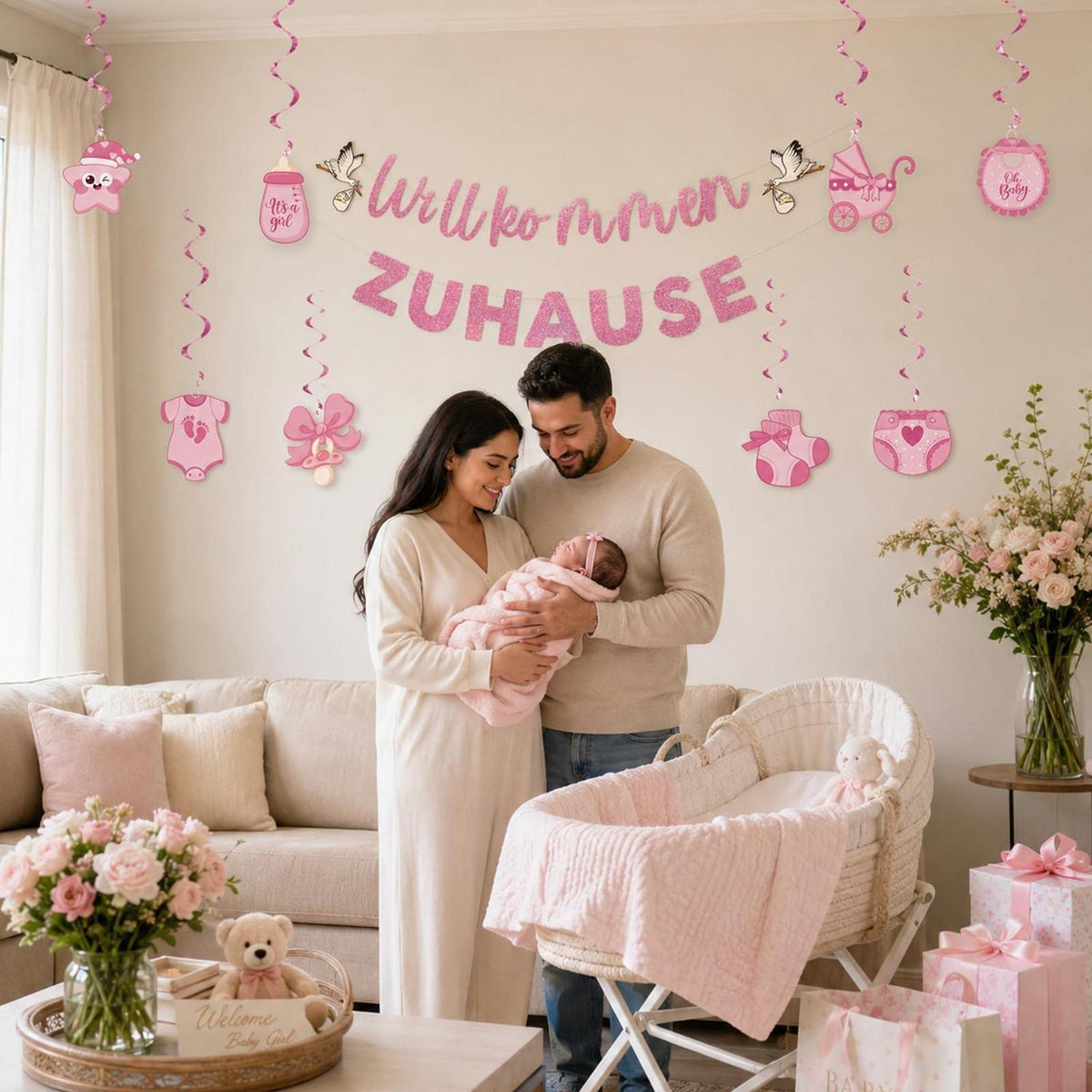 Willkommen Zuhause Baby Mädchen Deko Set Rosa Girlande & Spiralen