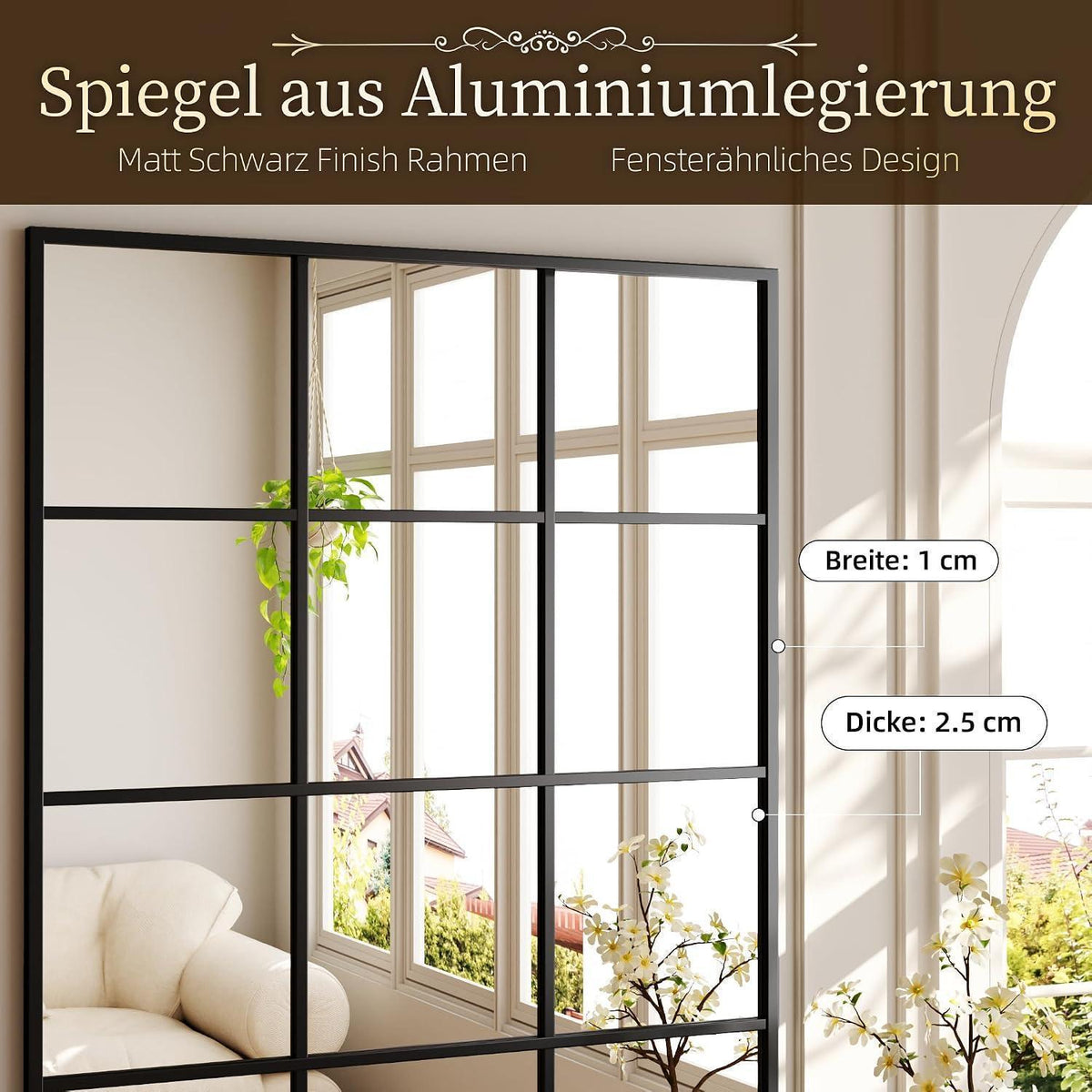 Rechteckiger Wandspiegel mit Gitter, Schwarz 100x75 cm