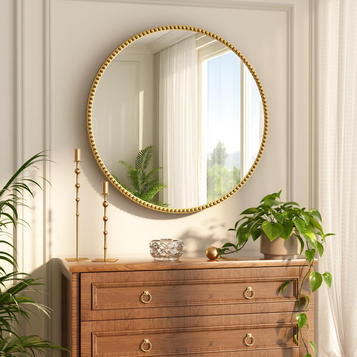 Runder Wandspiegel 60cm mit Gold Perlenrahmen – Retro Deko Spiegel