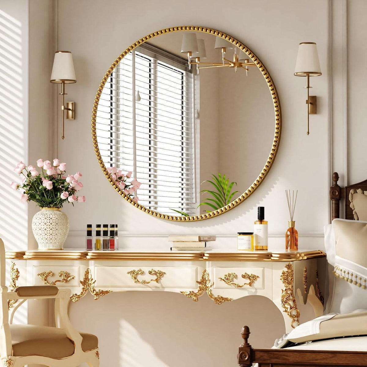 Runder Wandspiegel 60cm mit Gold Perlenrahmen – Retro Deko Spiegel