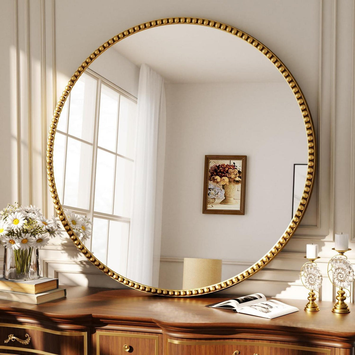 Runder Wandspiegel 90cm mit Gold Perlenrahmen – Retro Deko Spiegel
