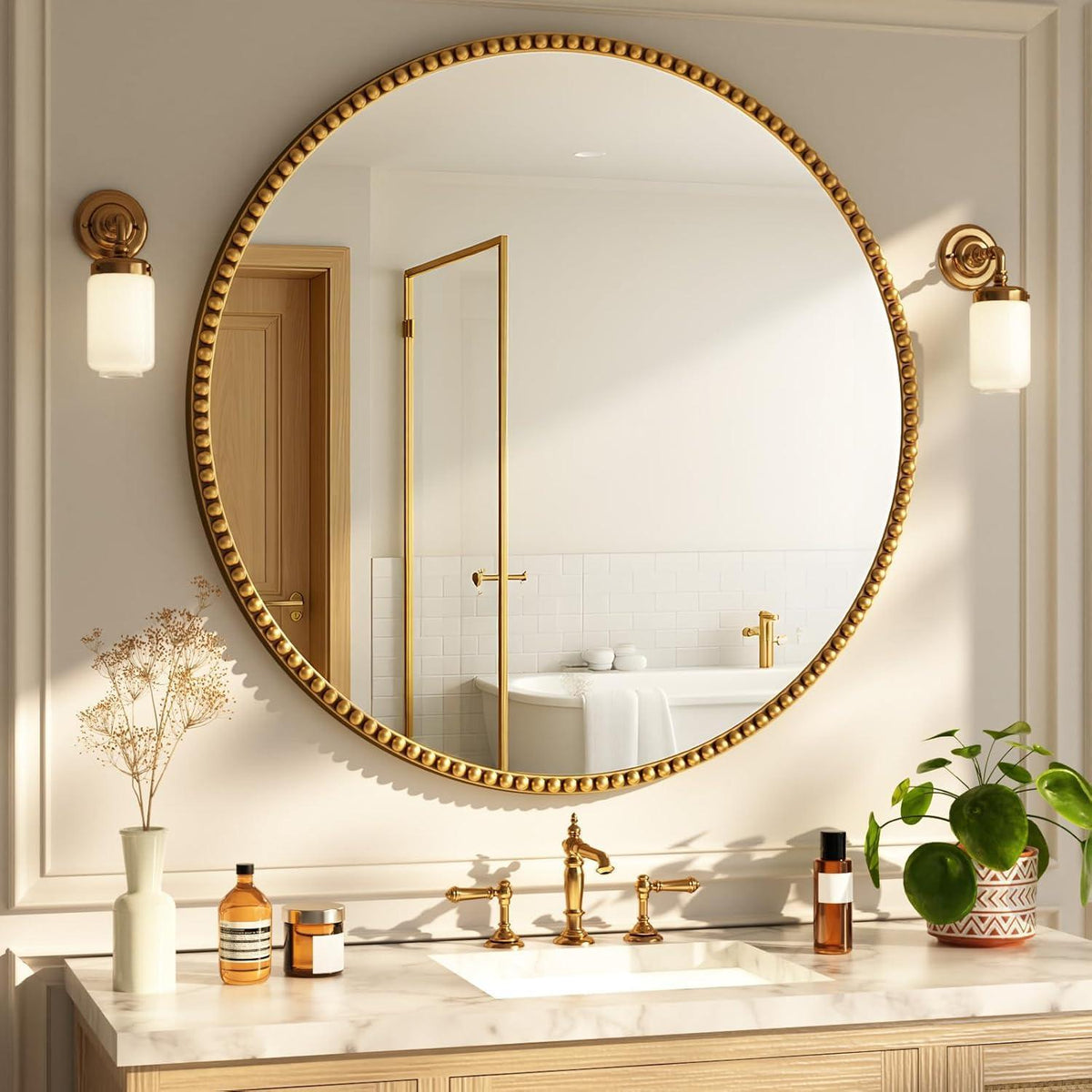 Runder Wandspiegel 90cm mit Gold Perlenrahmen – Retro Deko Spiegel
