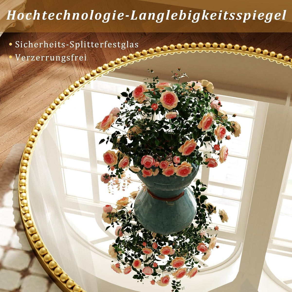 Runder Wandspiegel 90cm mit Gold Perlenrahmen – Retro Deko Spiegel