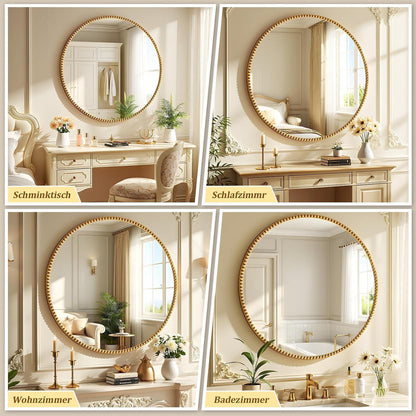 Runder Wandspiegel 90cm mit Gold Perlenrahmen – Retro Deko Spiegel
