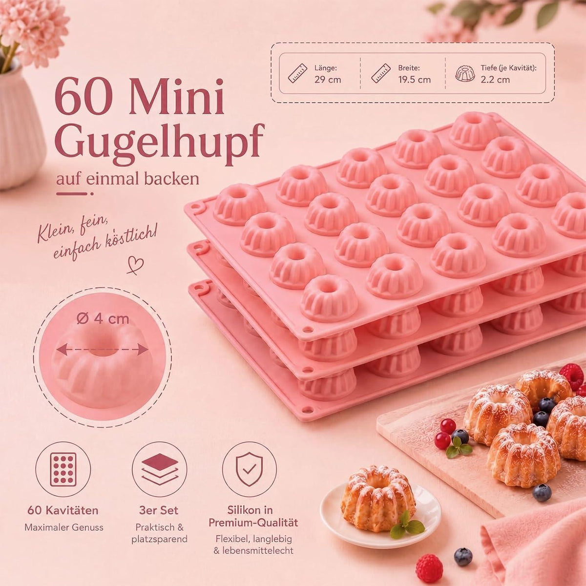 Mini Gugelhupfform Silikon 3er Set | 60 Mulden für Kuchen & Desserts