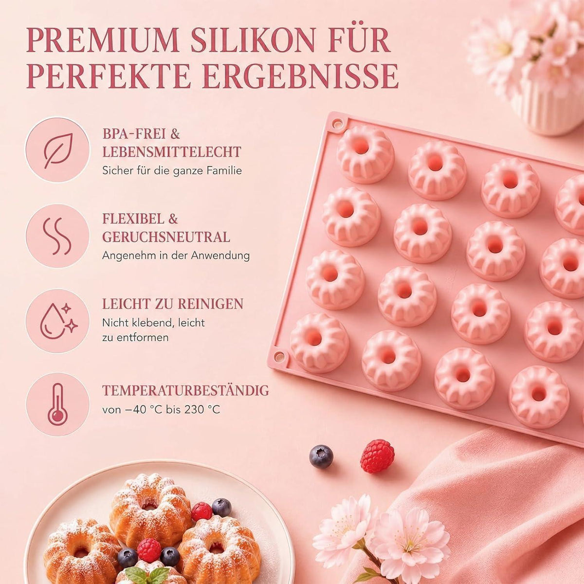 Mini Gugelhupfform Silikon 3er Set | 60 Mulden für Kuchen & Desserts