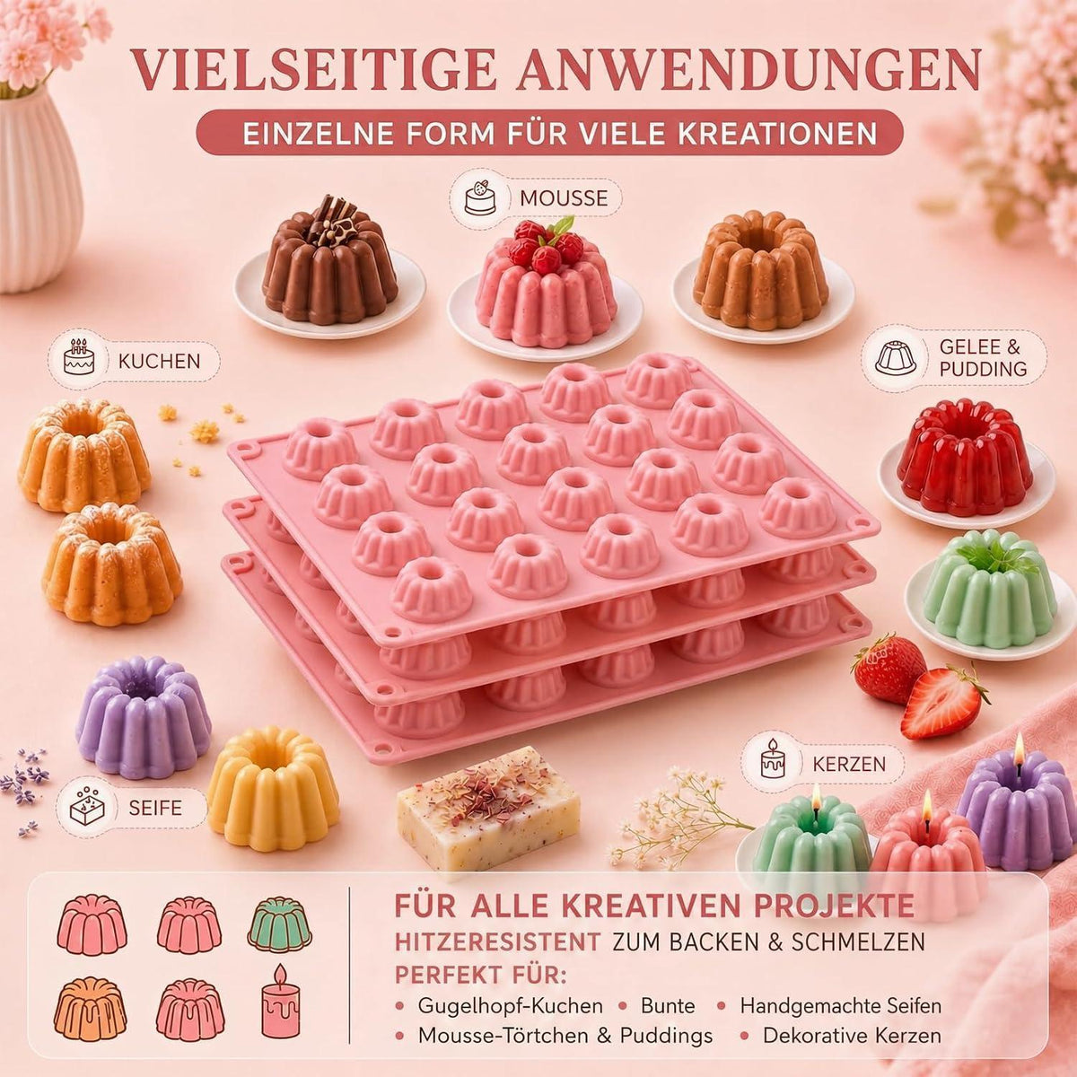 Mini Gugelhupfform Silikon 3er Set | 60 Mulden für Kuchen & Desserts