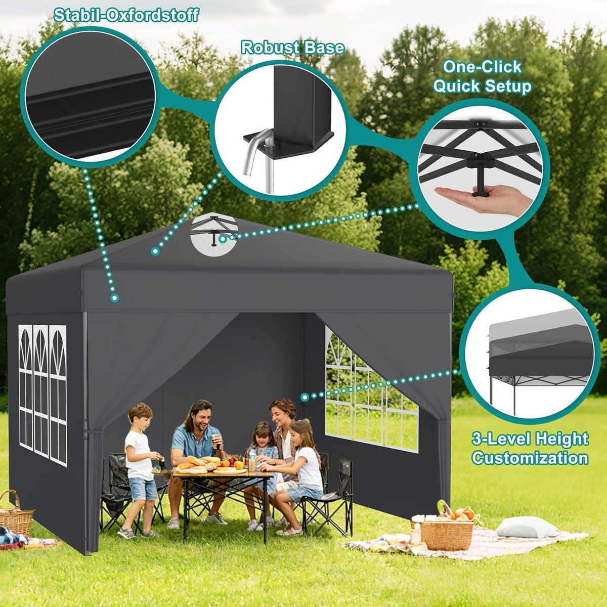 Faltpavillon 2.5x2.5 Wasserdicht & Stabil mit Seitenwänden