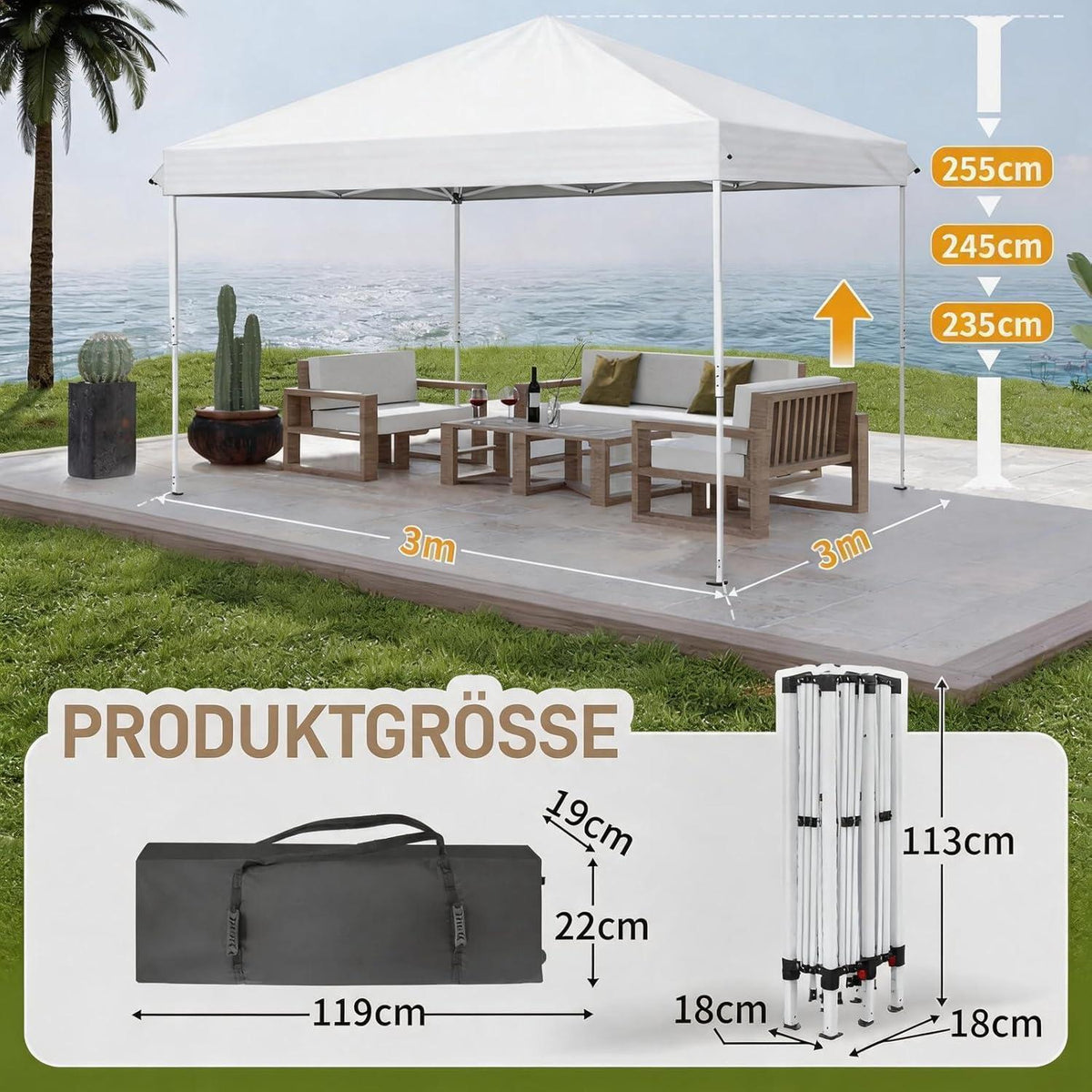 3x3m Faltpavillon mit Seitenteilen – UV-Schutz & Höhenverstellbar