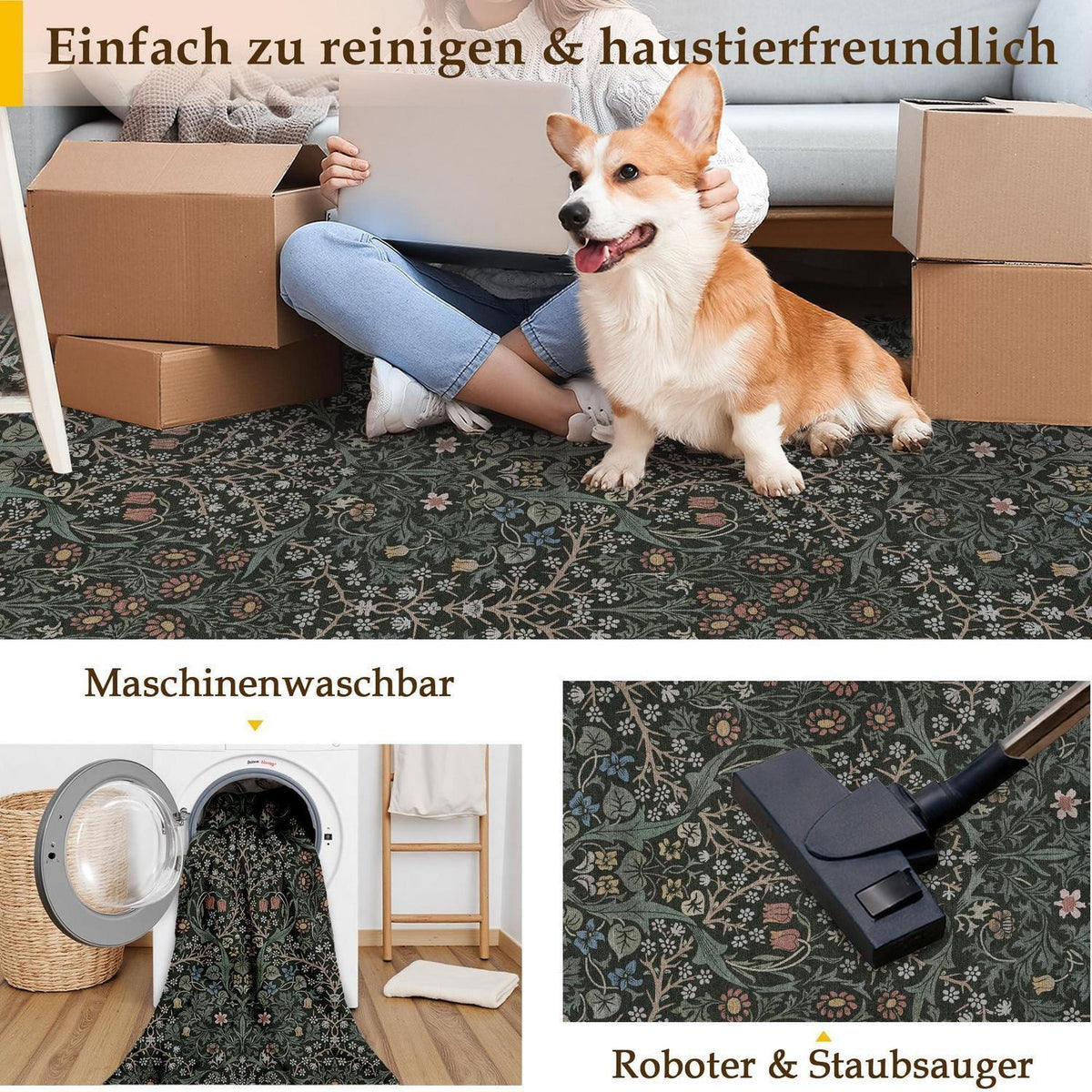 Vintage Teppich Grün 200x300cm - Waschbarer Wohnzimmerteppich
