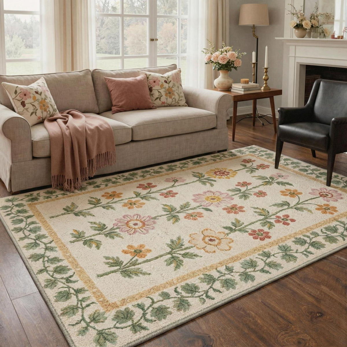 Vintage Teppich 160x230cm – Waschtbarer Wohnzimmerteppich mit Blumenmuster