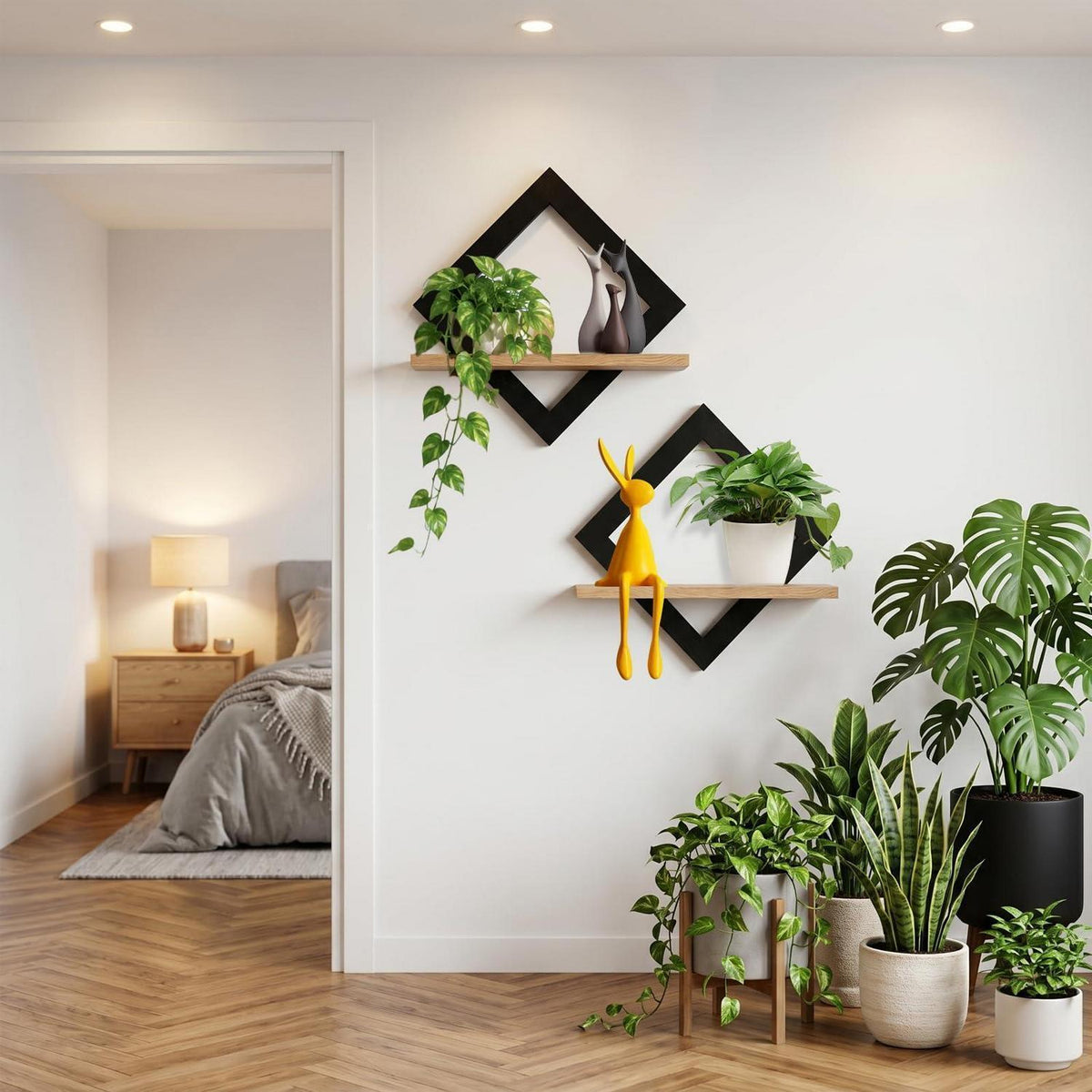 Wandregal im Rauten-Design aus Holz, Boho Stil