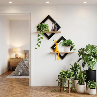 Wandregal im Rauten-Design aus Holz, Boho Stil