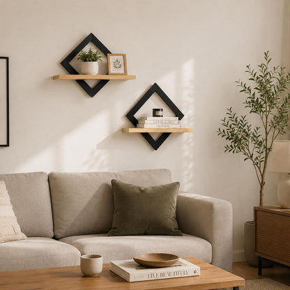 Wandregal im Rauten-Design aus Holz, Boho Stil