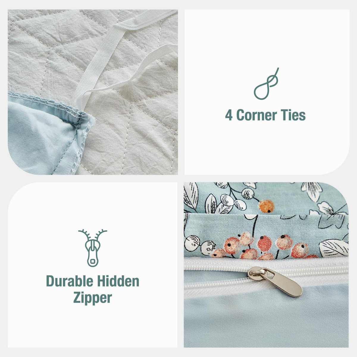 Baumwoll Bettbezug Set 240x220 cm, Blumenmuster Hellblau