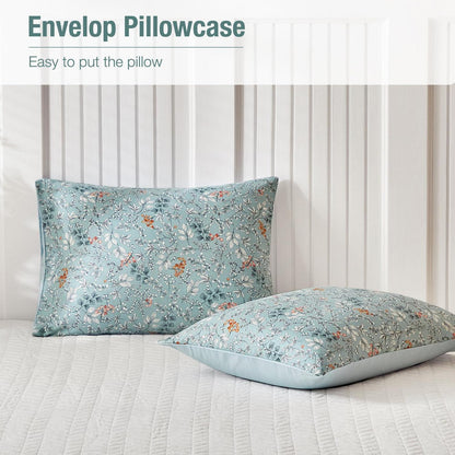 Baumwoll Bettbezug Set 240x220 cm, Blumenmuster Hellblau