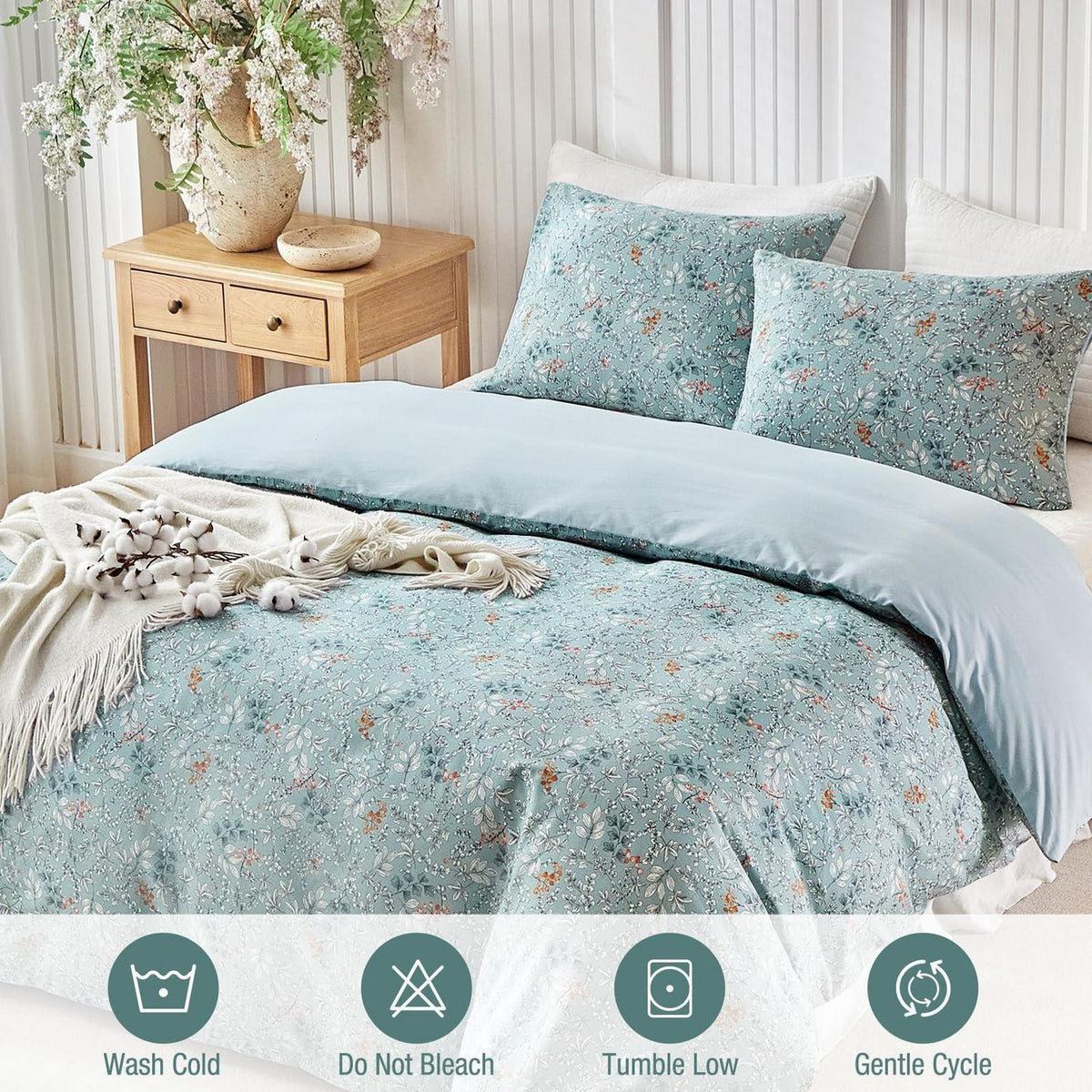 Baumwoll Bettbezug Set 240x220 cm, Blumenmuster Hellblau