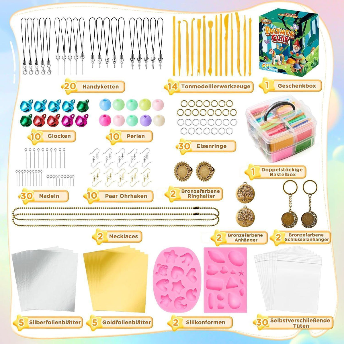 64 Farben Polymer Clay Set mit Box & Zubehör für kreative DIY Projekte