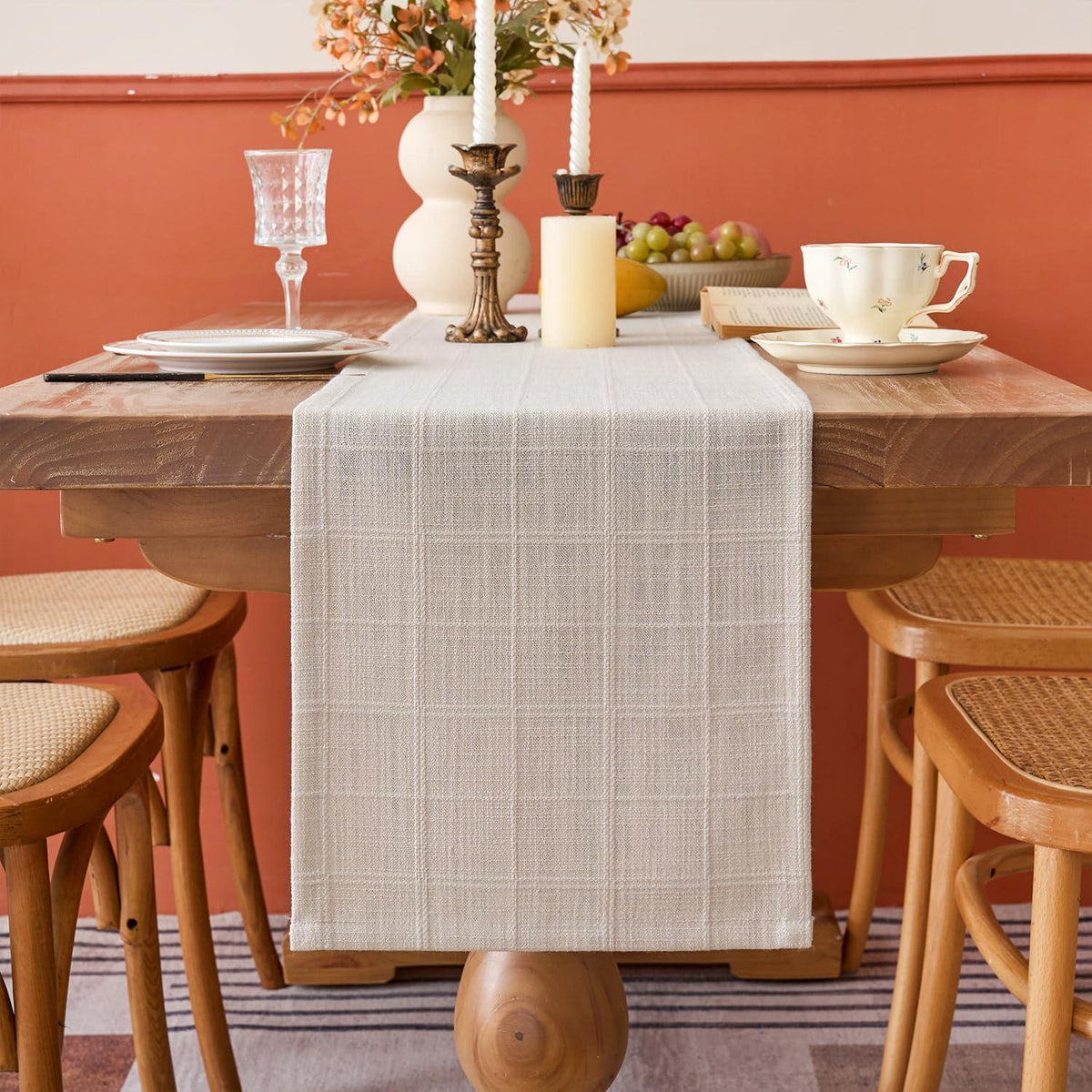Tischläufer Beige Kariert Baumwolle Leinen Jacquard 30x80 cm