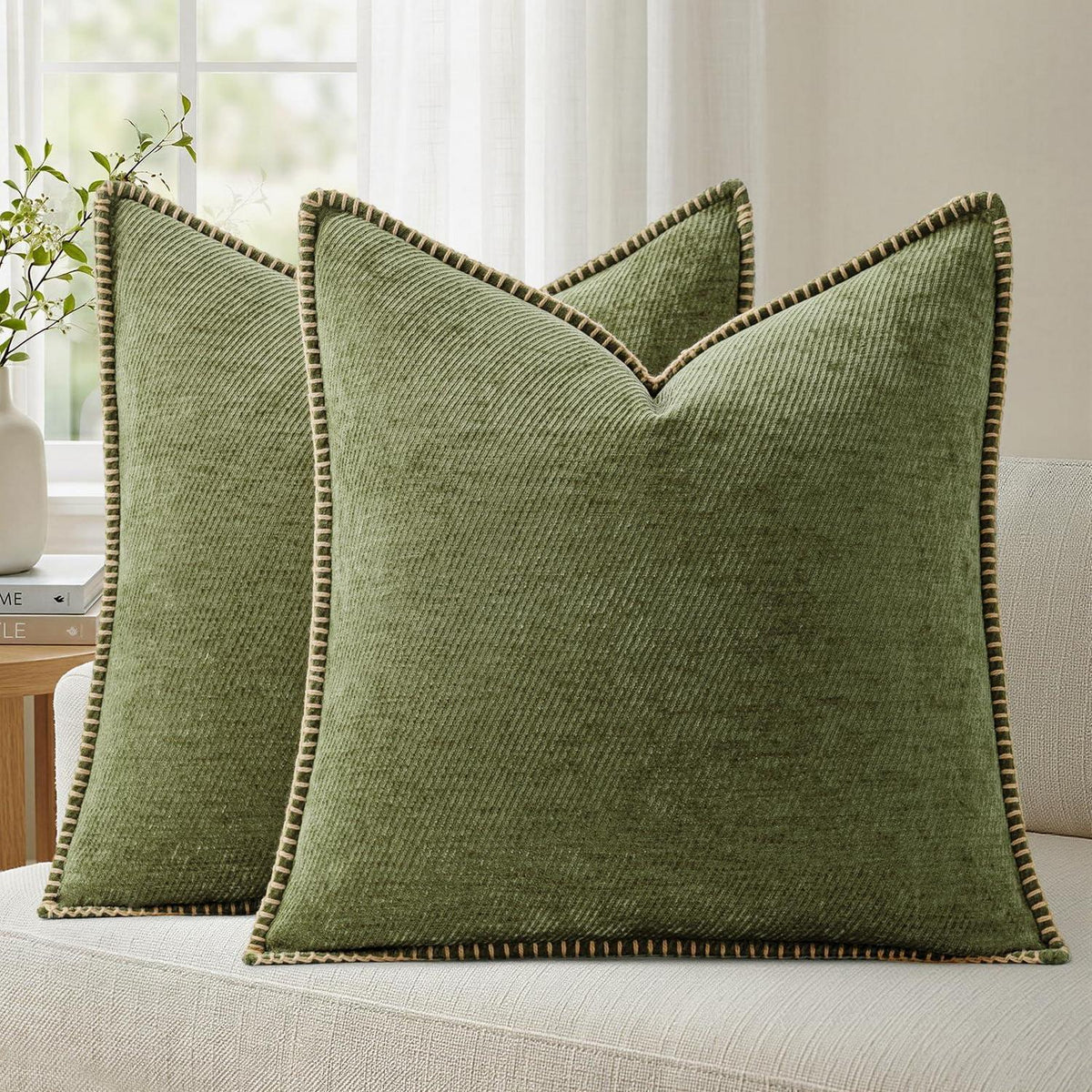 Chenille Kissenbezug 40x40 cm, 2er Set Grün – Struktur Strick
