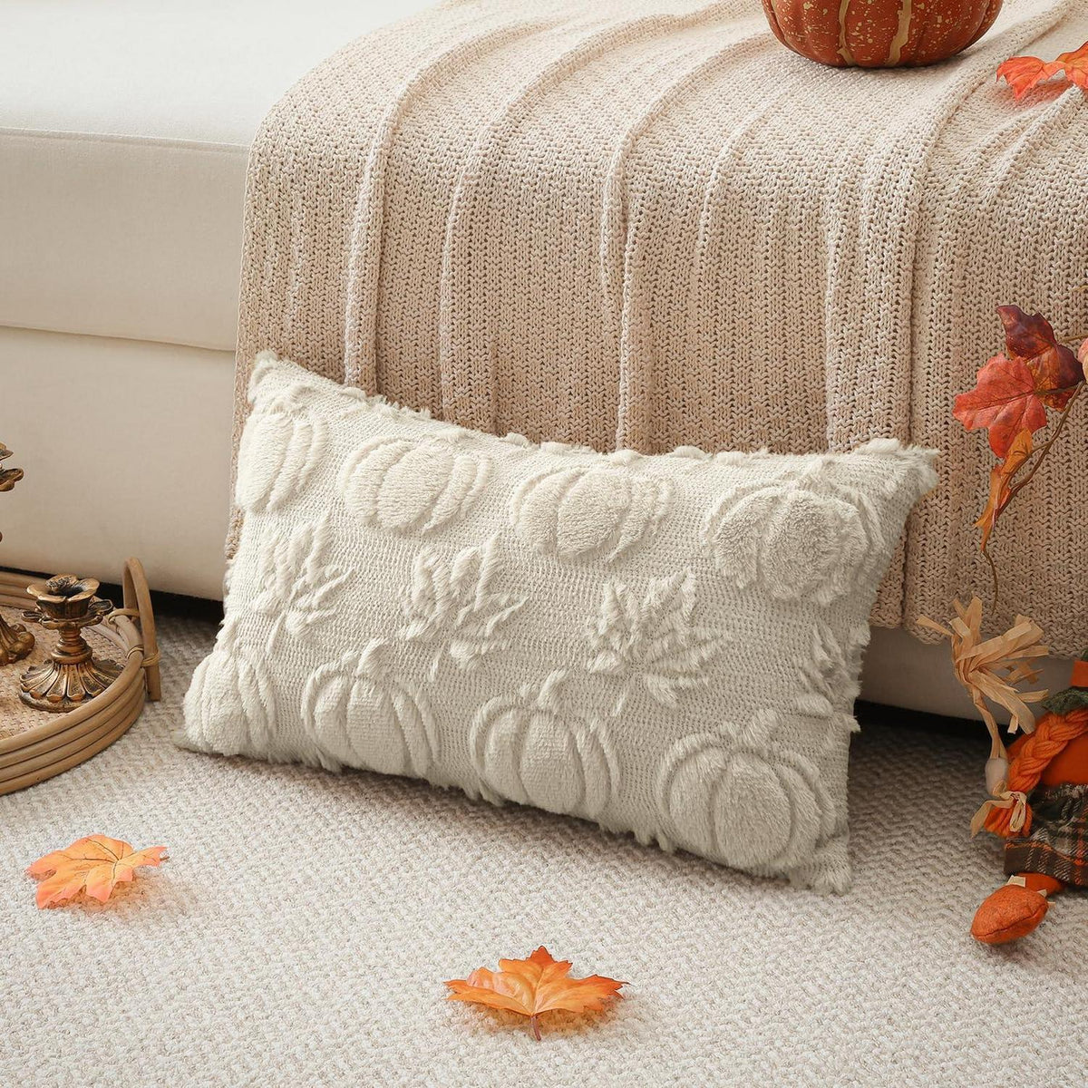 Herbstlicher Kürbis Ahornblatt Kissenbezug 40x60 cm Beige