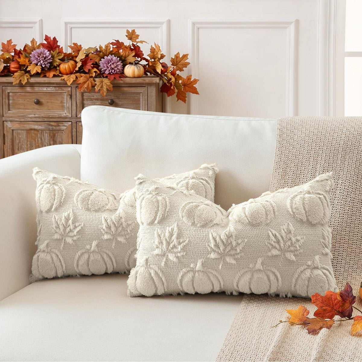 Herbstlicher Kürbis Ahornblatt Kissenbezug 40x60 cm Beige