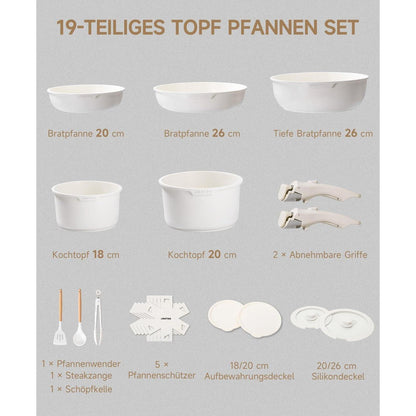 19-teiliges Topfset mit abnehmbaren Griffen – Platzsparend & Antihaft