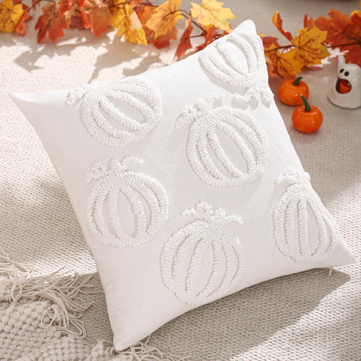 2er Set Kissenbezug Kürbis Herbst 45x45cm Erntedankfest Weiß