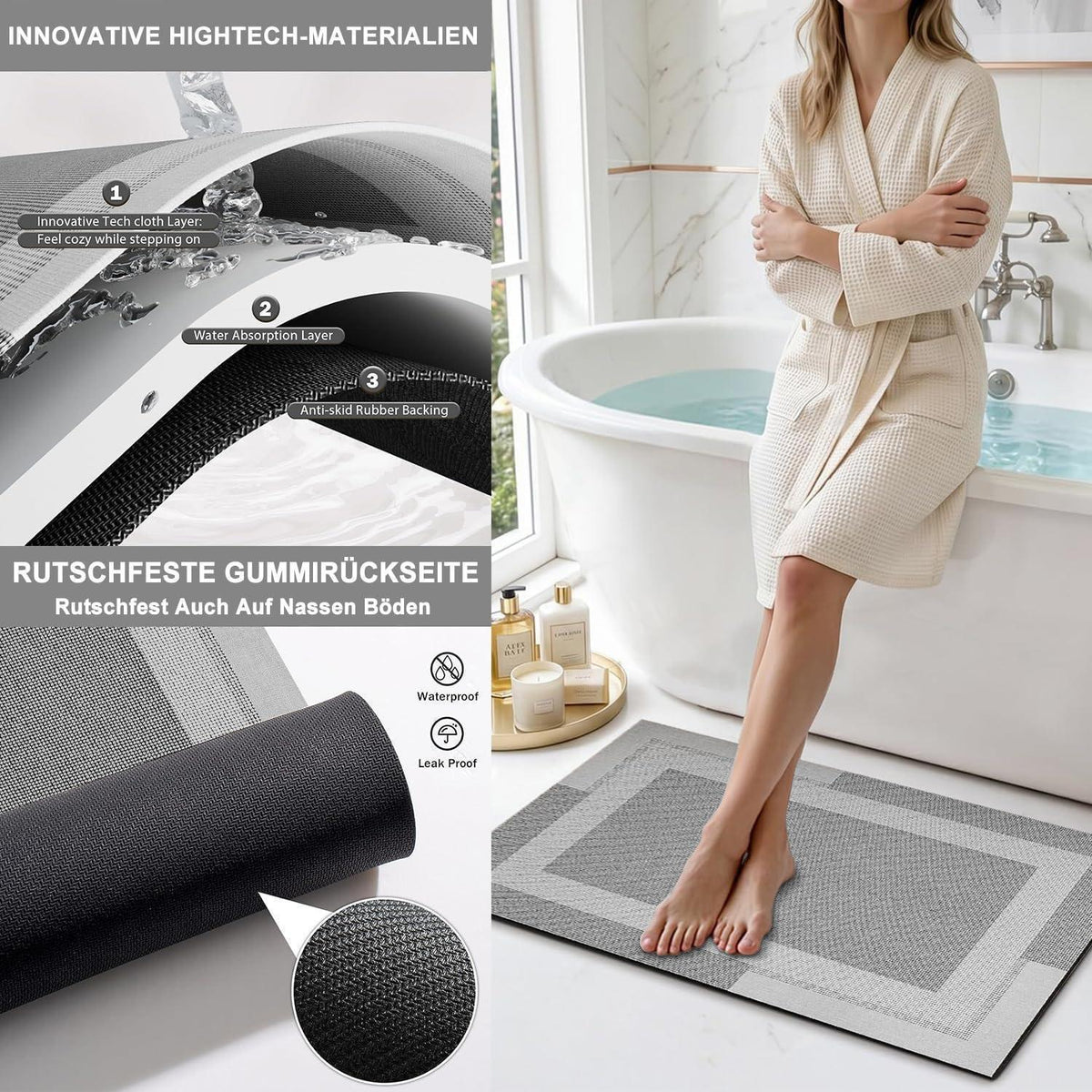 Rutschfester Badezimmerteppich 50x80 cm – Extra Flach & Schnelltrocknend