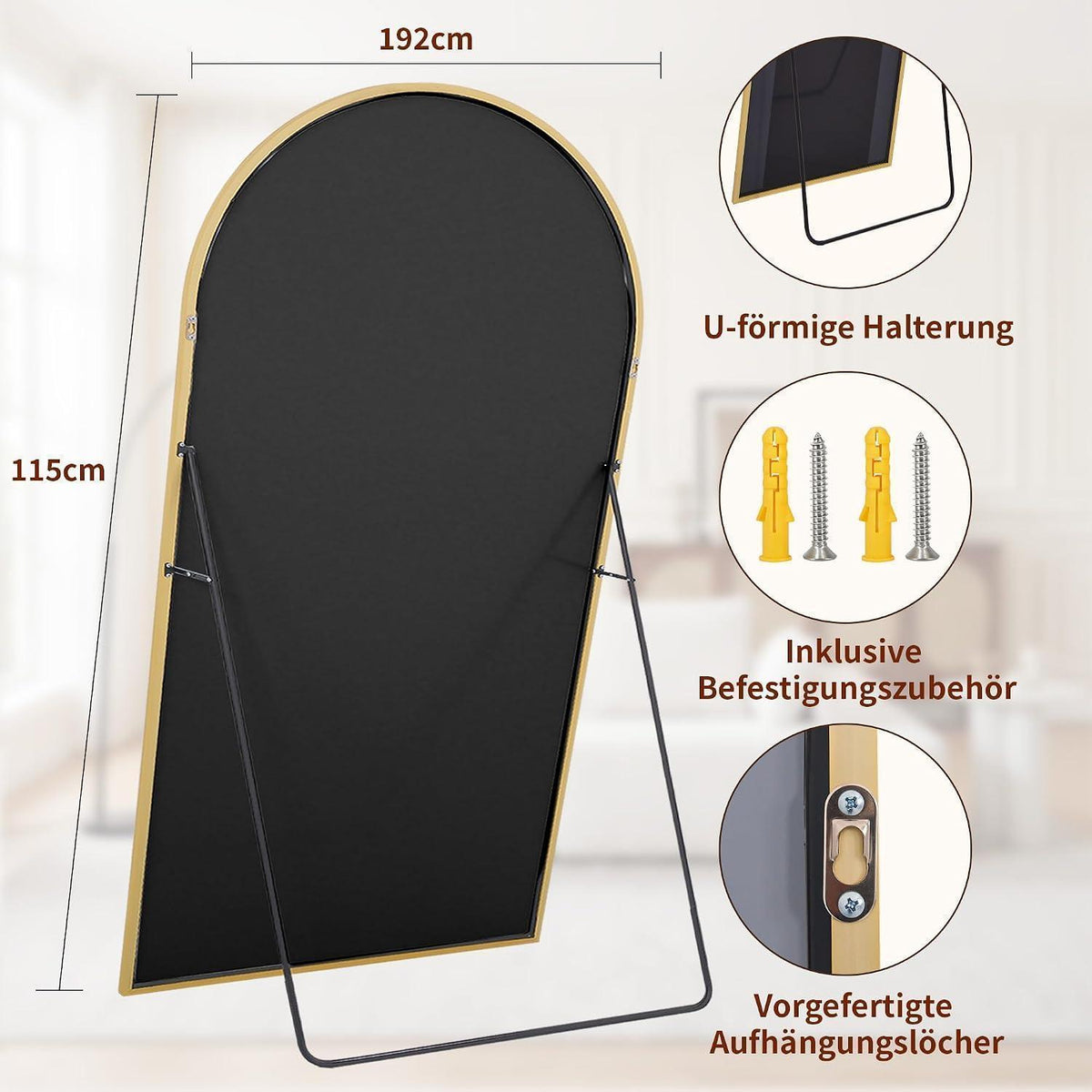 Großer Bogen-Standspiegel 192x115 cm – Gold, Stehend/Hängend