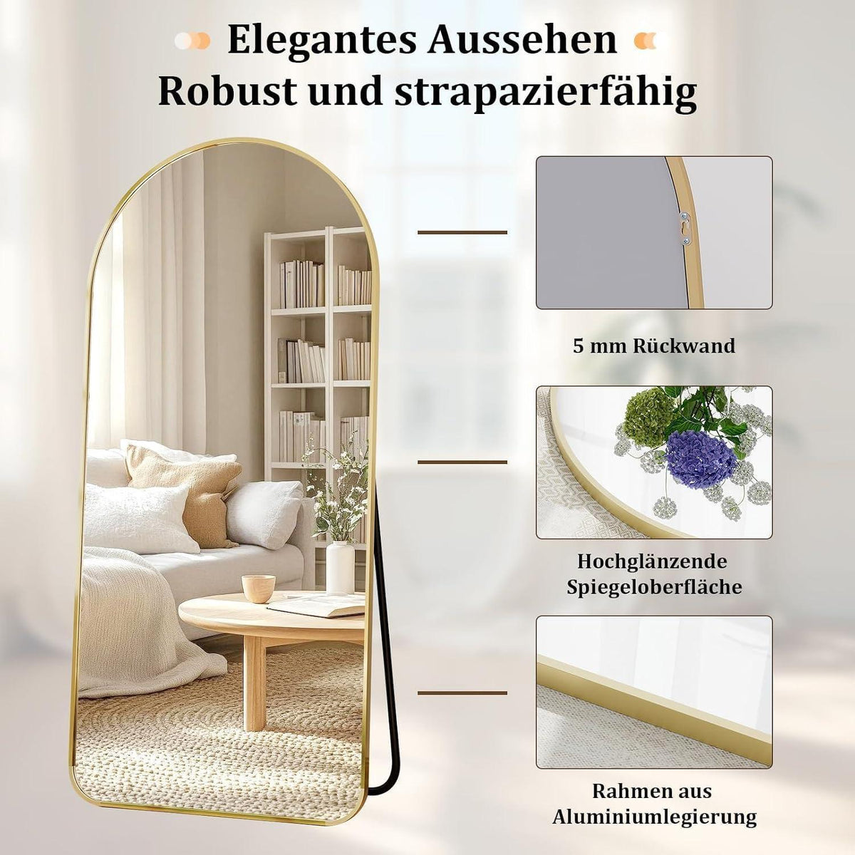 Gewölbter Ganzkörperspiegel mit Aluminiumrahmen – Stehend, Hängend, Lehnend