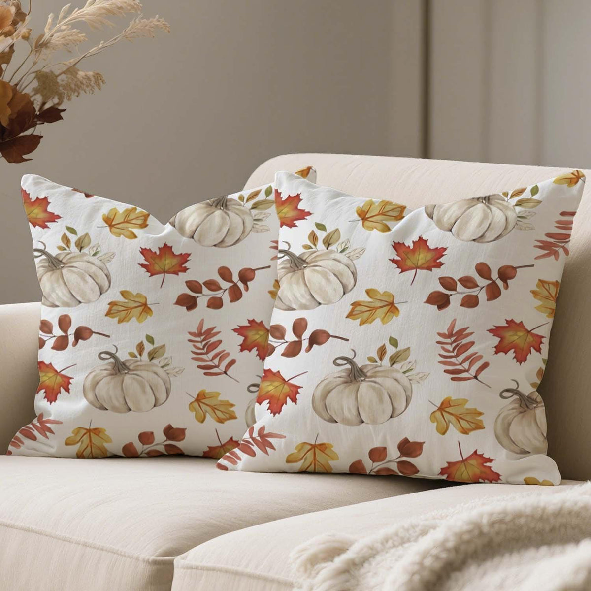 Herbst Kissenbezug 40x40 - 2er Set Kürbis & Blätter Orange