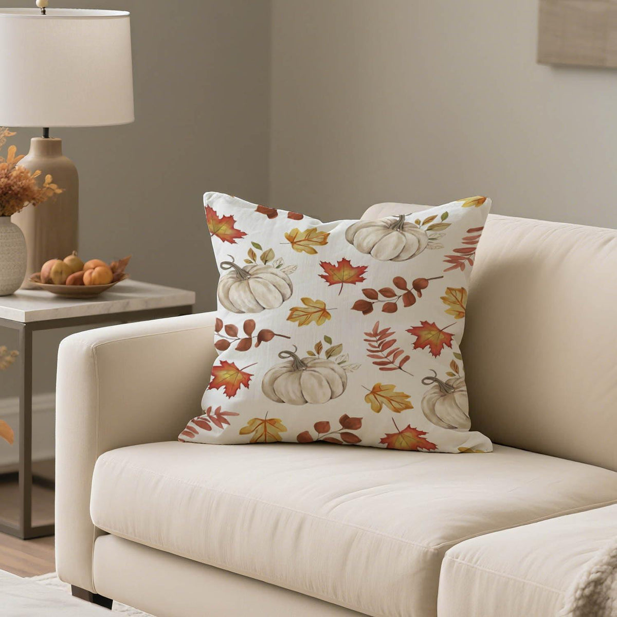 Herbst Kissenbezug 40x40 - 2er Set Kürbis & Blätter Orange