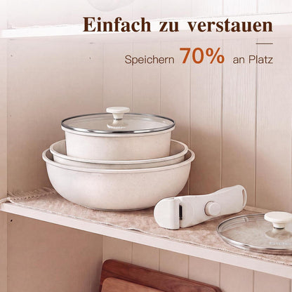 11-teiliges Pfannenset Antihaft, Abnehmbare Griffe Weiß