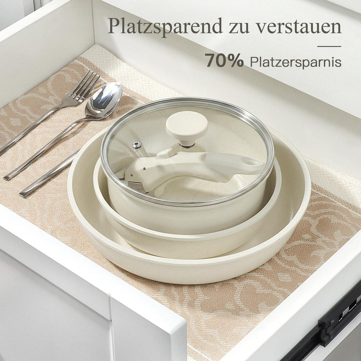 16-teiliges Pfannenset Antihaft, Abnehmbare Griffe Weiß