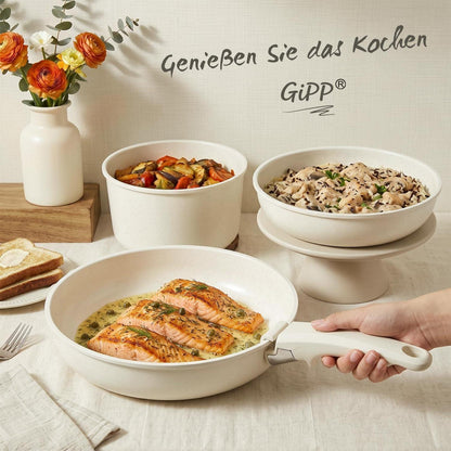 16-teiliges Pfannenset Antihaft, Abnehmbare Griffe Weiß