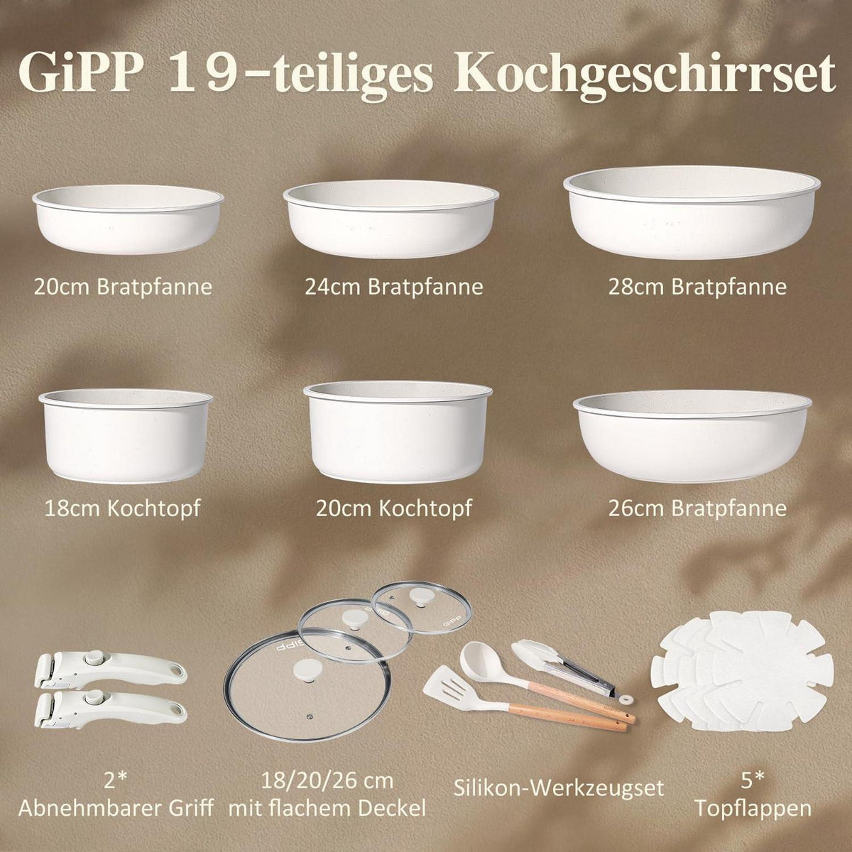 19-teiliges Pfannenset Antihaft, Abnehmbare Griffe Weiß