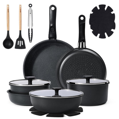 19-teiliges Pfannenset Antihaft, Abnehmbare Griffe & Platzsparend