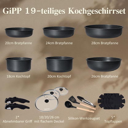 19-teiliges Pfannenset Antihaft, Abnehmbare Griffe & Platzsparend