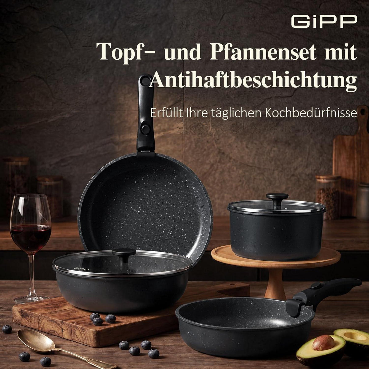 19-teiliges Pfannenset Antihaft, Abnehmbare Griffe & Platzsparend