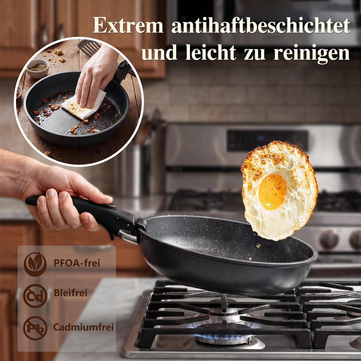 19-teiliges Pfannenset Antihaft, Abnehmbare Griffe & Platzsparend