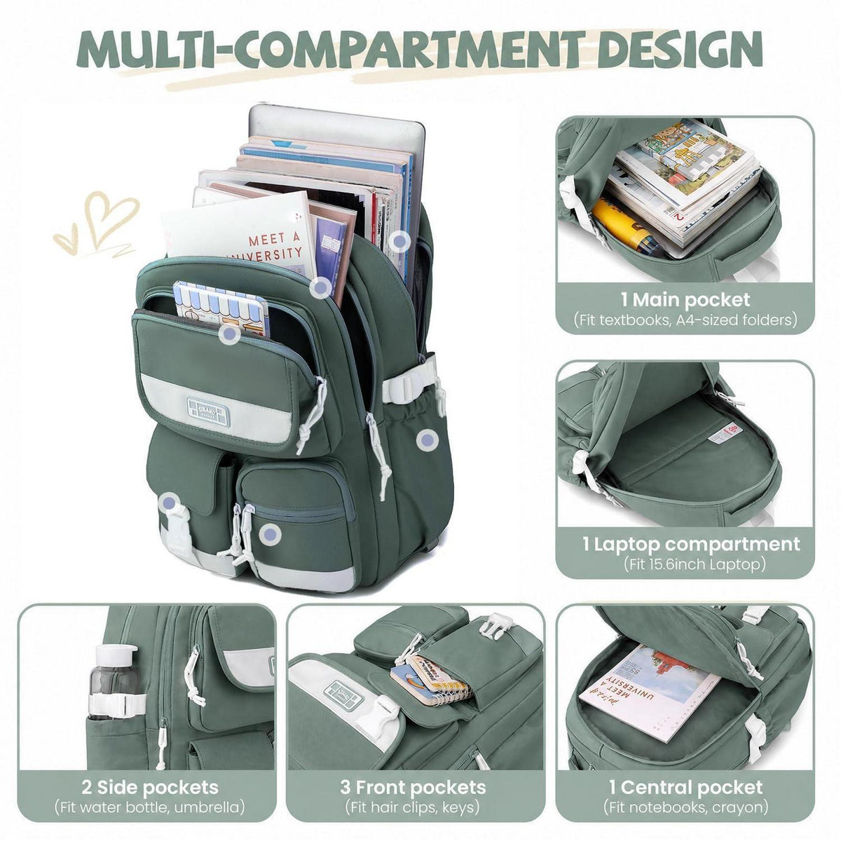 Schulrucksack mit Rollen für Mädchen – Grün, 27L