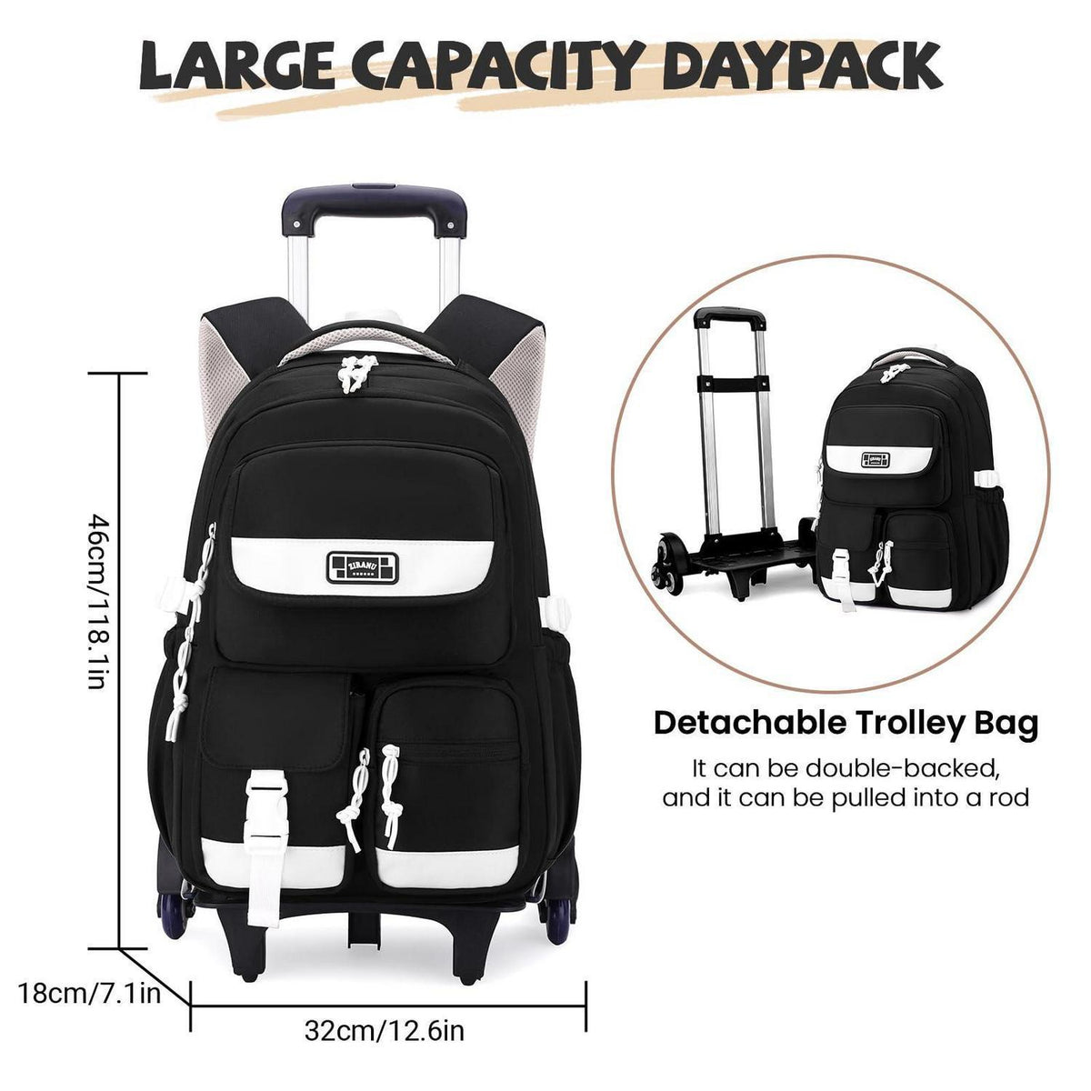 Schulrucksack mit Rollen für Mädchen – 27L, Schwarz