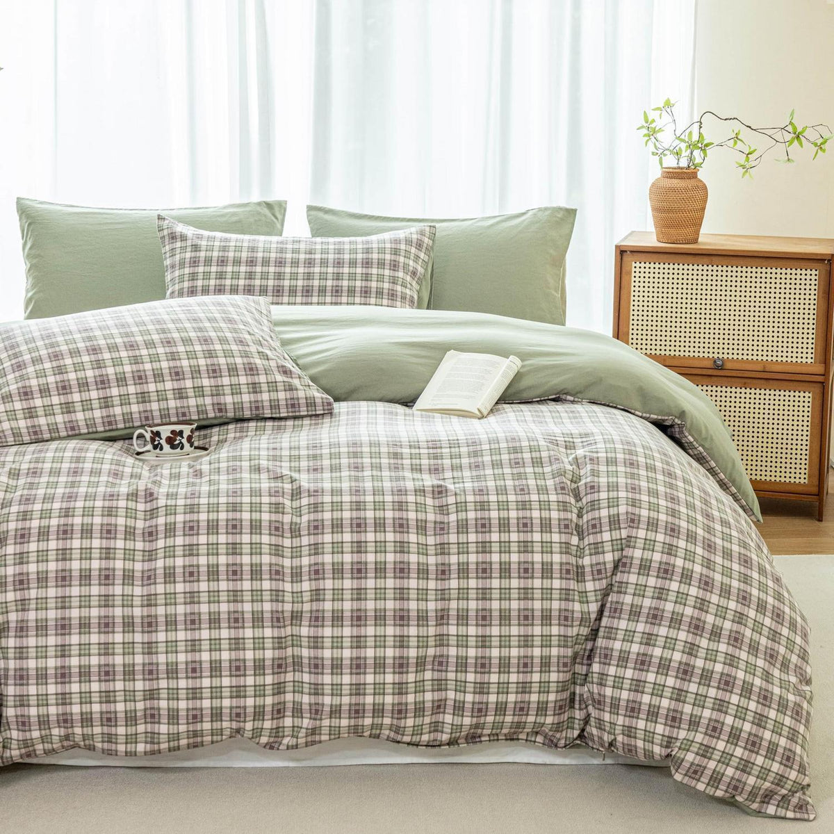 Karierte Bettwäsche 135x200, 4-teilig, Grünes Karomuster, Landhausstil