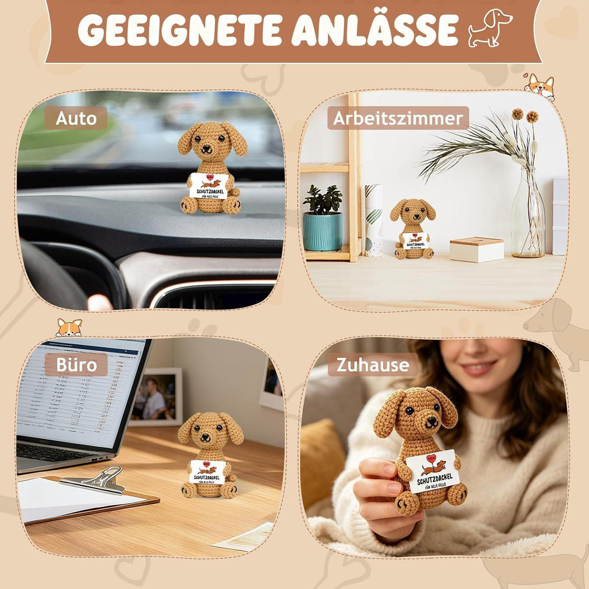 Dackel Geschenkset: Glas mit Deckel & Gehäkelter Glücksbringer