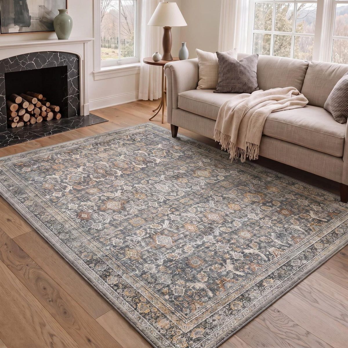 Großer Teppich Wohnzimmer 200x290 cm – Retro Schwarzgrau