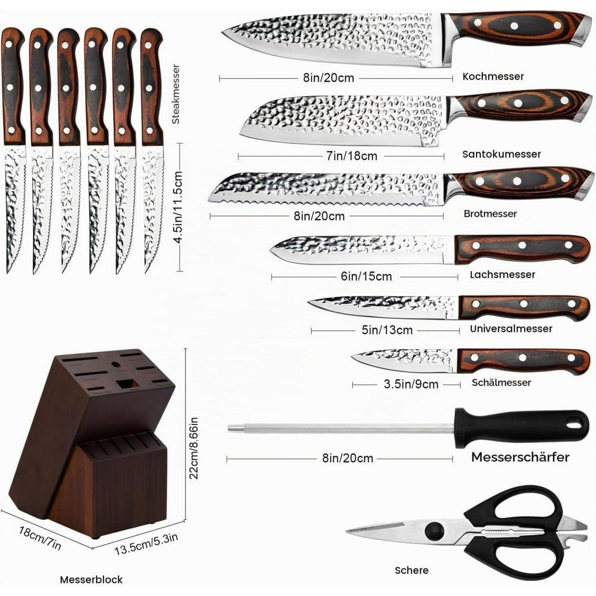 15-teiliges Küchenmesser-Set mit Block, Edelstahl & Holzgriff
